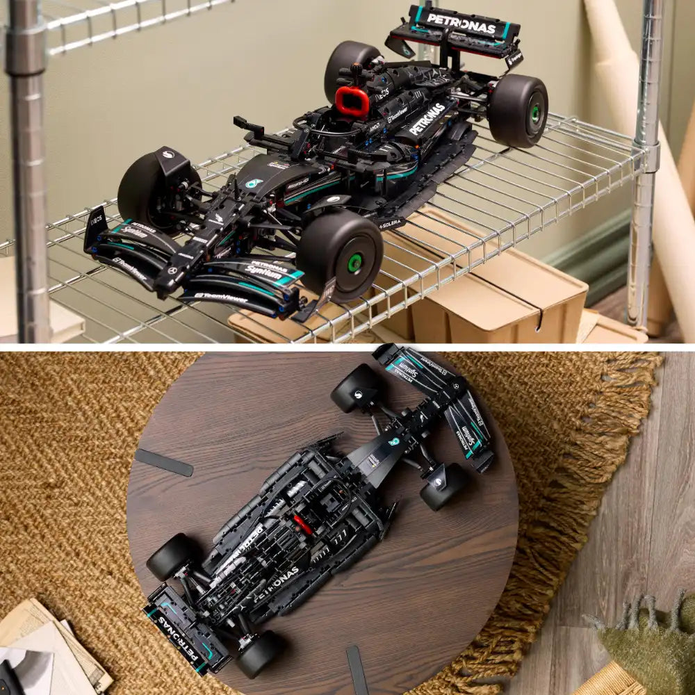 Lego Technic Mercedes-AMG F1 W14 E Performance model 42171 displayed from two angles showing black and turquoise detailed racing car with functional components on wire shelf and wooden surface
