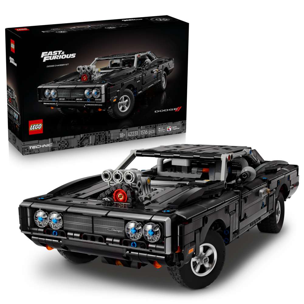 LEGO Technic Fast and Furious Dodge Charger R/T Car 42231 - shown with its product box. 1516 pieces. Ages 18+.