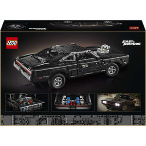 LEGO Technic Fast and Furious Dodge Charger R/T Car 42231 - the back of the box showing play features and box contents. 1516 pieces. Ages 18+.