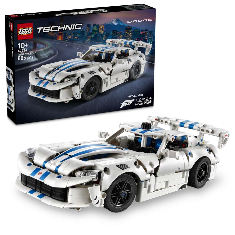 LEGO Technic Dodge Viper GTS-R Sports Car 42234 - shown with its product box. 805 pieces. Ages 10+.