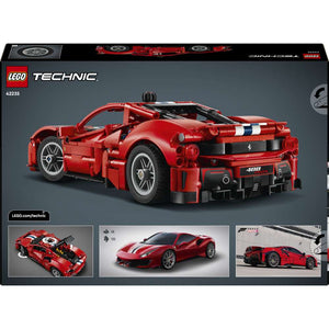 LEGO Technic Ferrari 488 Pista Car 42235 - the back of the box showing play features and box contents. 882 pieces. Ages 9+.
