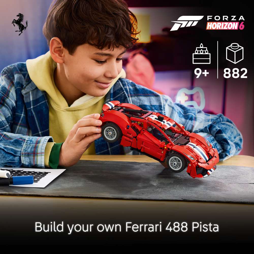 LEGO Technic Ferrari 488 Pista Car 42235 - captioned product view. 882 pieces. Ages 9+.