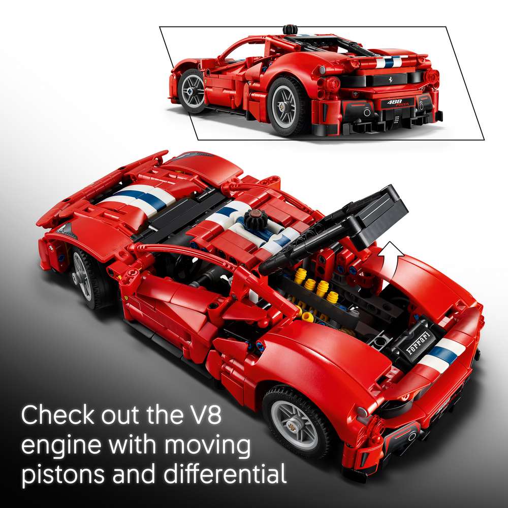 LEGO Technic Ferrari 488 Pista Car 42235 - captioned product view. 882 pieces. Ages 9+.
