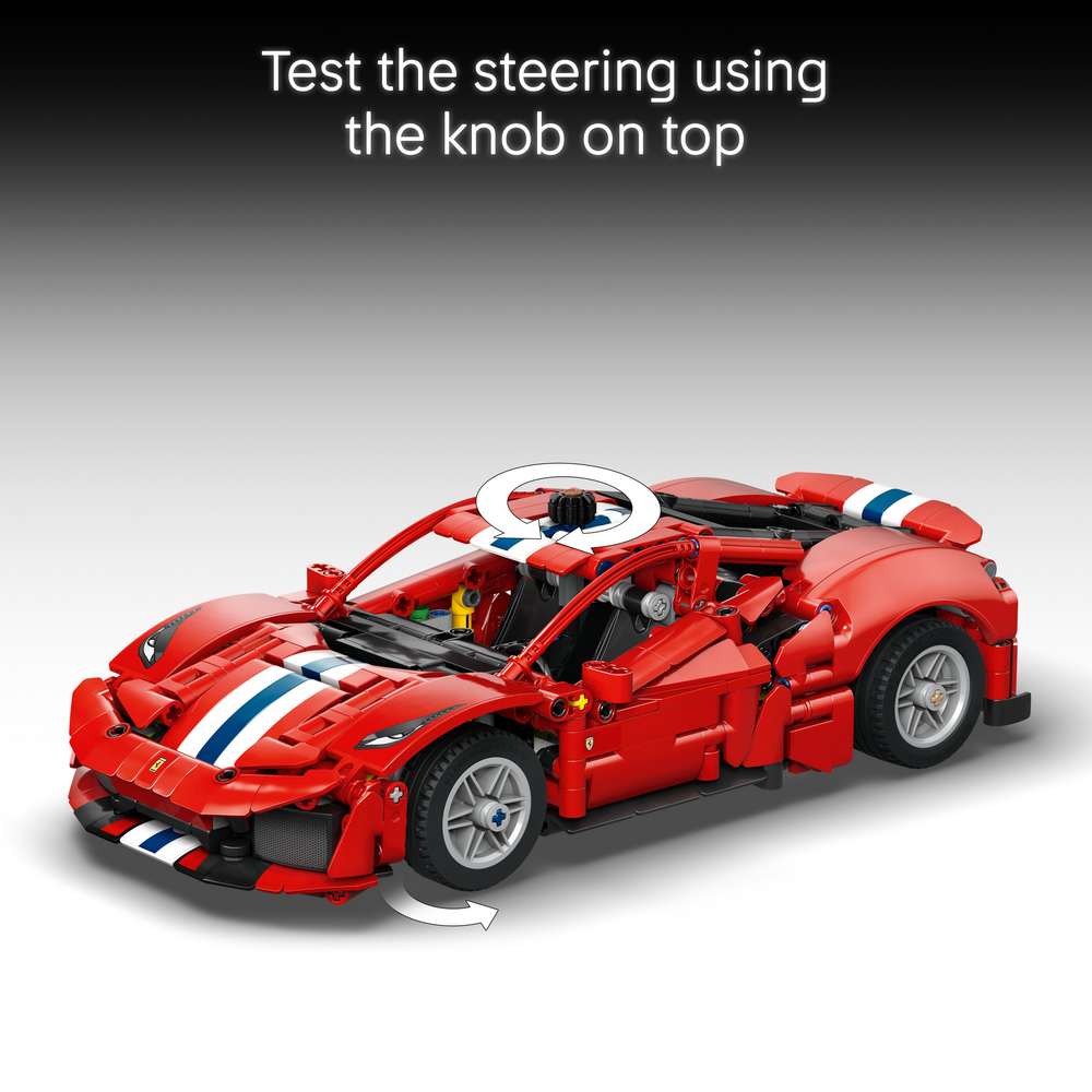 LEGO Technic Ferrari 488 Pista Car 42235 - captioned product view. 882 pieces. Ages 9+.