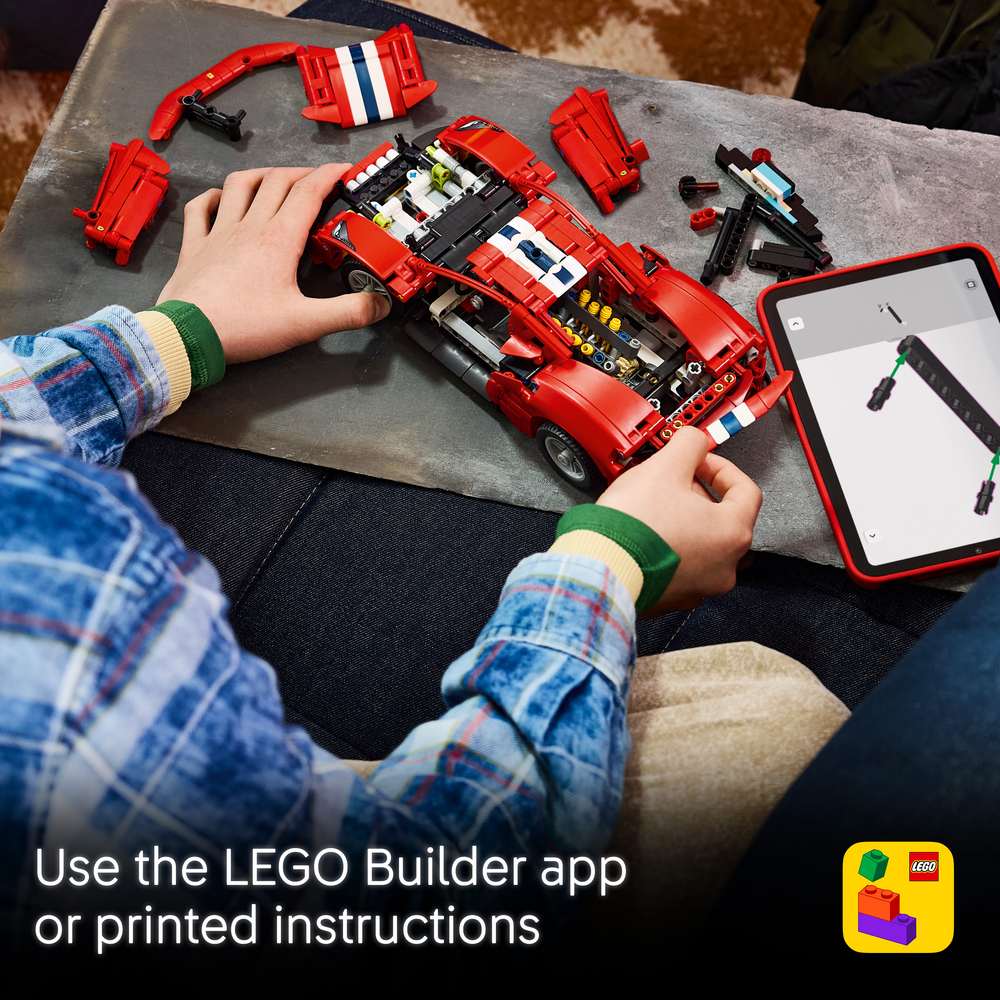 LEGO Technic Ferrari 488 Pista Car 42235 - captioned product view. 882 pieces. Ages 9+.