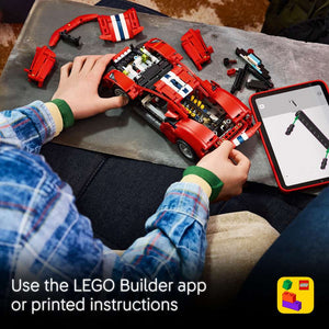 LEGO Technic Ferrari 488 Pista Car 42235 - captioned product view. 882 pieces. Ages 9+.