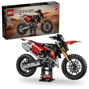 LEGO Technic Ducati Desmo450 MX Factory Motorcycle 42238 - shown with its product box. 457 pieces. Ages 10+.