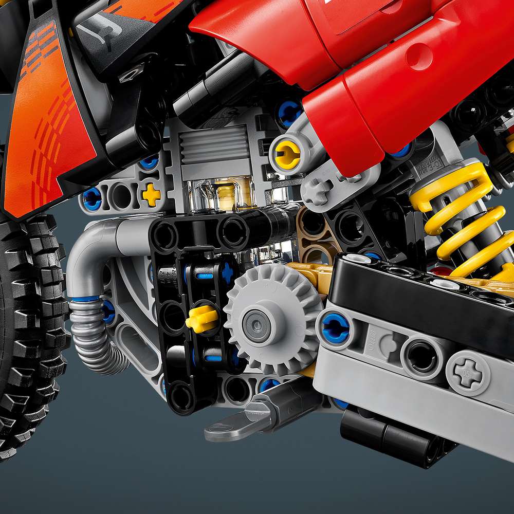 LEGO Technic Ducati Desmo450 MX Factory Motorcycle 42238 - close-up detail of the finished build. 457 pieces. Ages 10+.