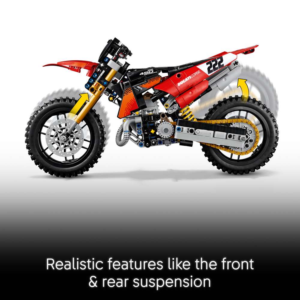 LEGO Technic Ducati Desmo450 MX Factory Motorcycle 42238 - captioned product view. 457 pieces. Ages 10+.