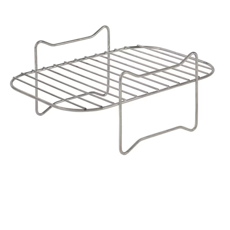 Two stainless steel wire shelf inserts for air fryers with parallel horizontal bars and curved support handles, displayed in isometric view against white background