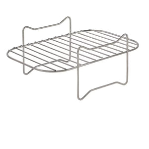 Two stainless steel wire shelf inserts for air fryers with parallel horizontal bars and curved support handles, displayed in isometric view against white background