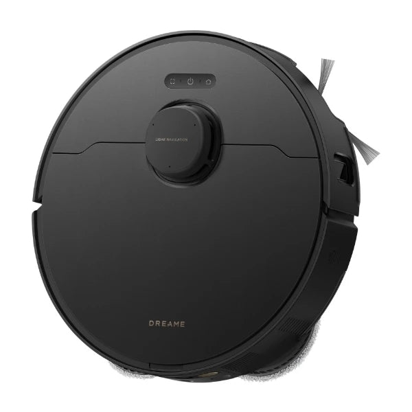 Dreame L50s Pro Ultra robot vacuum cleaner in black with circular disc design, featuring control buttons on top, rotating side brush, and mop attachment visible on the right side