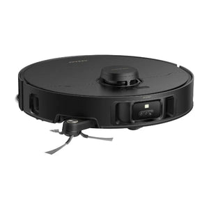 Black circular robot vacuum with dual mopping system, featuring a dust bin on top, camera lens on front, and extended mop arms visible underneath, viewed from above at an angle
