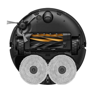 Top-down view of Dreame L50s Pro Ultra robot vacuum showing black spherical body with dual white circular mop pads, exposed dust bin with yellow and black brush components, side brush, and wheels against white background