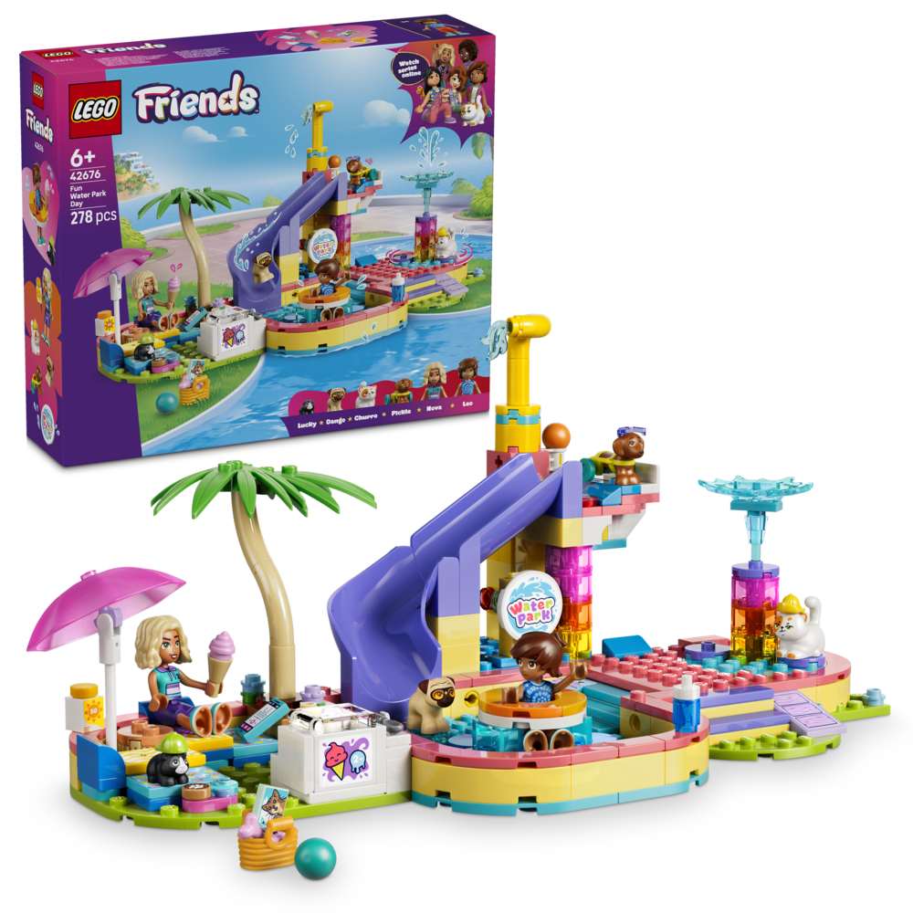 LEGO Friends Fun Water Park Day 42676 - shown with its product box. 278 pieces. Ages 6+.