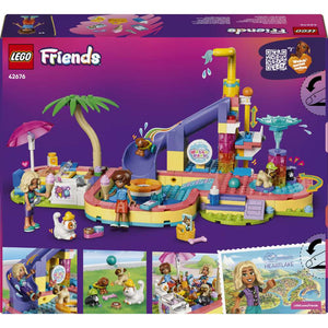 LEGO Friends Fun Water Park Day 42676 - the back of the box showing play features and box contents. 278 pieces. Ages 6+.