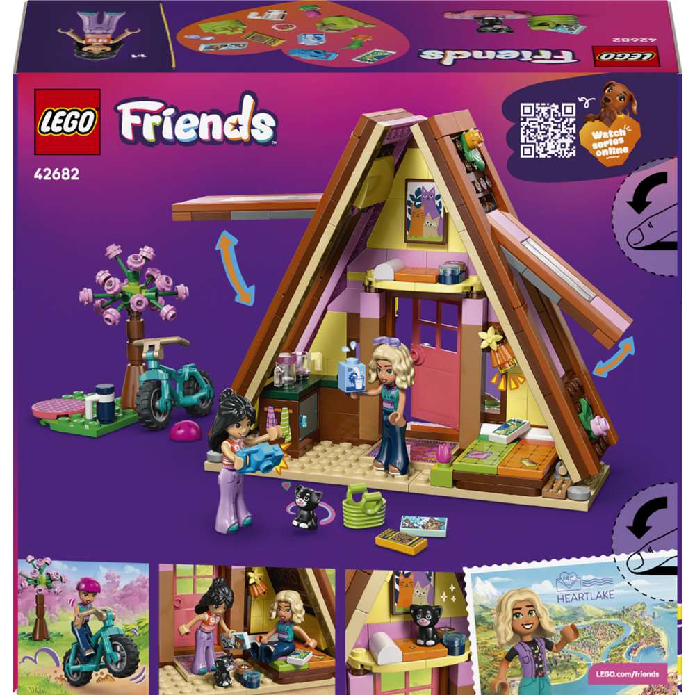 LEGO Friends Nature Glamping Cabin 42682 - the back of the box showing play features and box contents. 295 pieces. Ages 6+.