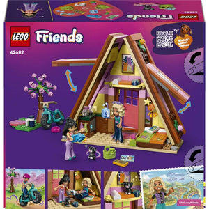 LEGO Friends Nature Glamping Cabin 42682 - the back of the box showing play features and box contents. 295 pieces. Ages 6+.