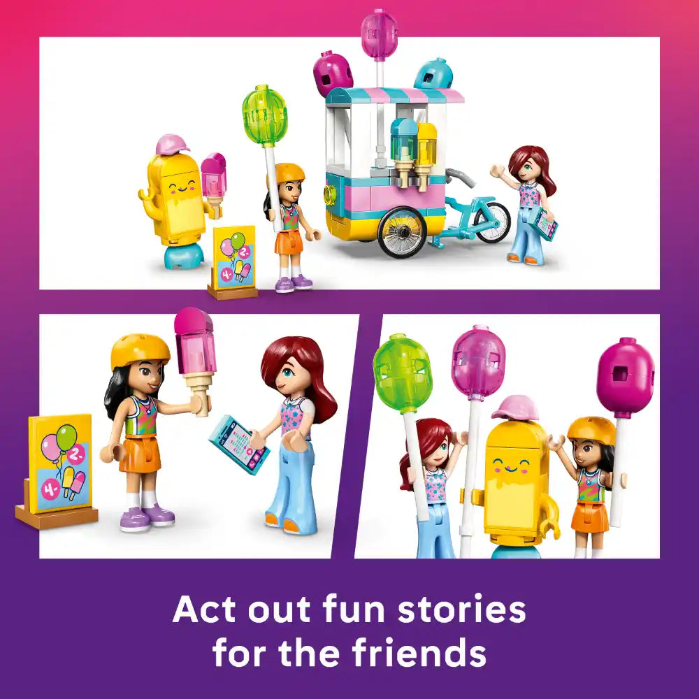 LEGO Friends Ice Cream and Balloon Stand 42692 set featuring colorful buildable ice cream cart with pink and turquoise awning, yellow ice cream character minifigure, multiple female minifigures in bright outfits, pastel balloon accessories in pink green and yellow, turquoise bicycle, and display scenes showing playable scenarios on purple and white background