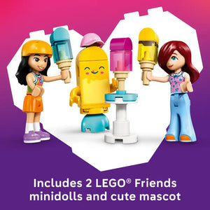 LEGO Friends Ice Cream and Balloon Stand set 42692 featuring two minidoll figures with dark and red hair in colorful outfits, a smiling yellow ice cream machine mascot, and a white stand with turquoise and pink ice cream cone accessories against a vibrant pink and purple background