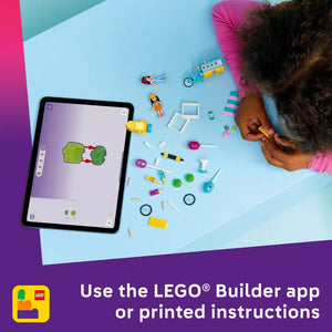 Child in pink shirt building with colorful LEGO pieces on light blue surface next to tablet displaying LEGO Builder app with green brick design, surrounded by scattered yellow, pink, and turquoise LEGO elements, minifigures, and accessories for Ice Cream and Balloon Stand set 42692