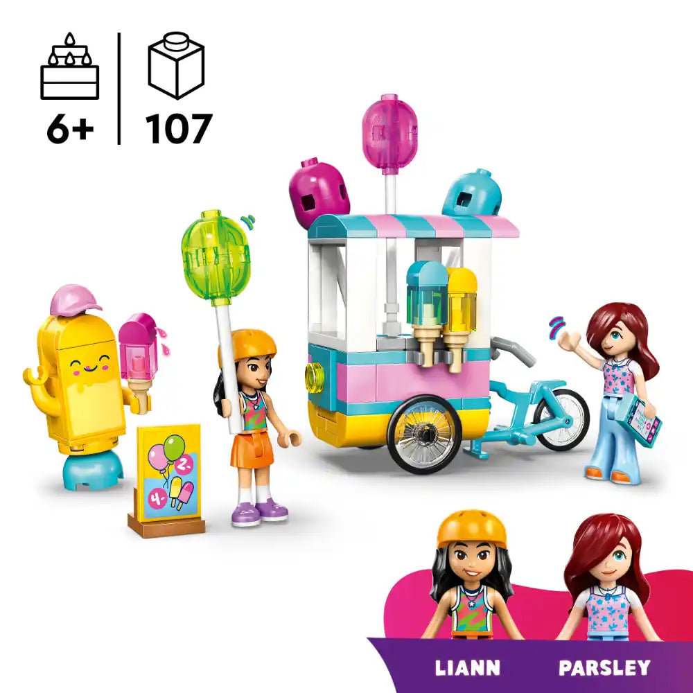 LEGO Friends Ice Cream and Balloon Stand 42692 building set featuring colorful pastel ice cream cart with pink and turquoise striped awning, yellow ice cream character, minifigures including Liann and Parsley, bicycle, and balloon stand with 107 pieces for ages 6 and up