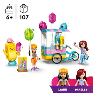 LEGO Friends Ice Cream and Balloon Stand 42692 building set featuring colorful pastel ice cream cart with pink and turquoise striped awning, yellow ice cream character, minifigures including Liann and Parsley, bicycle, and balloon stand with 107 pieces for ages 6 and up