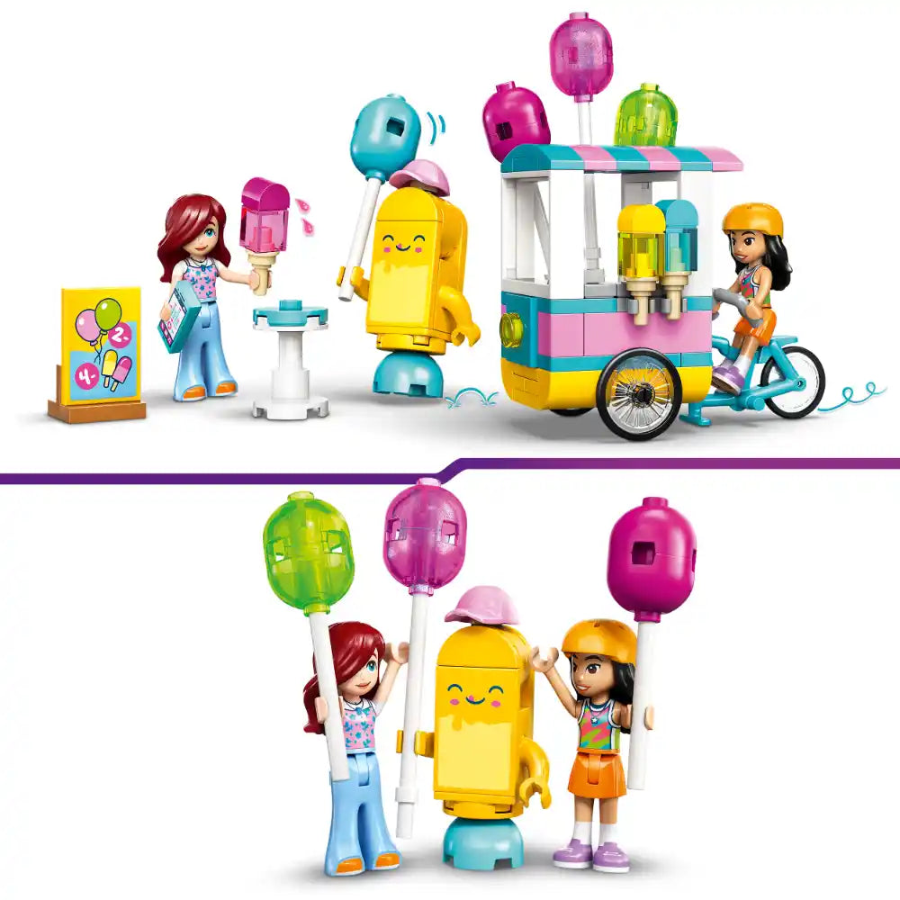 LEGO Friends Ice Cream and Balloon Stand set 42692 featuring colorful buildable ice cream cart with pink and turquoise striped awning, yellow ice cream character minifigure, two female minifigures, buildable balloon accessories in bright pink green and yellow, and a turquoise bicycle against white background