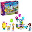 LEGO Friends Ice Cream and Balloon Stand 42692 set featuring colorful ice cream cart with pink turquoise and yellow panels, three decorative lollipop balloons in magenta lime and cyan, two minifigure characters, smiling ice cream cone figure, small market stand, bicycle and 107 pieces on purple packaging box