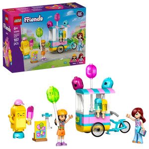 LEGO Friends Ice Cream and Balloon Stand 42692 set featuring colorful ice cream cart with pink turquoise and yellow panels, three decorative lollipop balloons in magenta lime and cyan, two minifigure characters, smiling ice cream cone figure, small market stand, bicycle and 107 pieces on purple packaging box