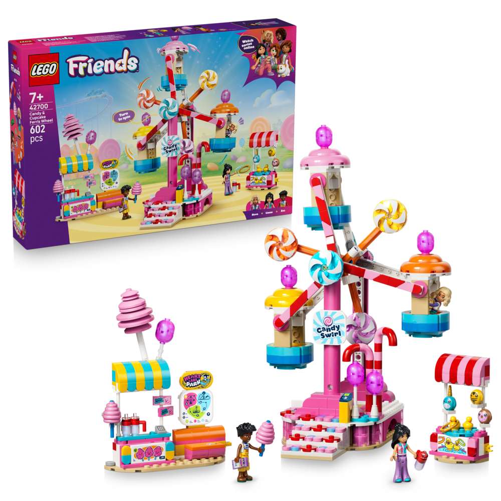 LEGO Friends Candy & Cupcake Ferris Wheel 42700 - shown with its product box. 602 pieces. Ages 7+.