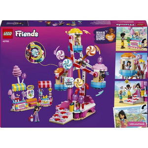 LEGO Friends Candy & Cupcake Ferris Wheel 42700 - the back of the box showing play features and box contents. 602 pieces. Ages 7+.