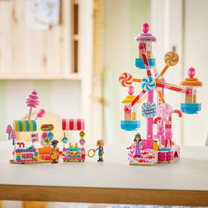 LEGO Friends Candy & Cupcake Ferris Wheel 42700 - the finished build shown in a home setting. 602 pieces. Ages 7+.