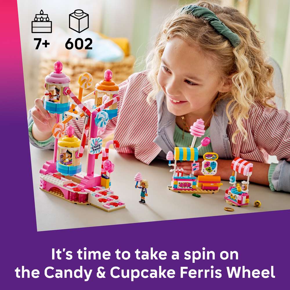 LEGO Friends Candy & Cupcake Ferris Wheel 42700 - captioned product view. 602 pieces. Ages 7+.