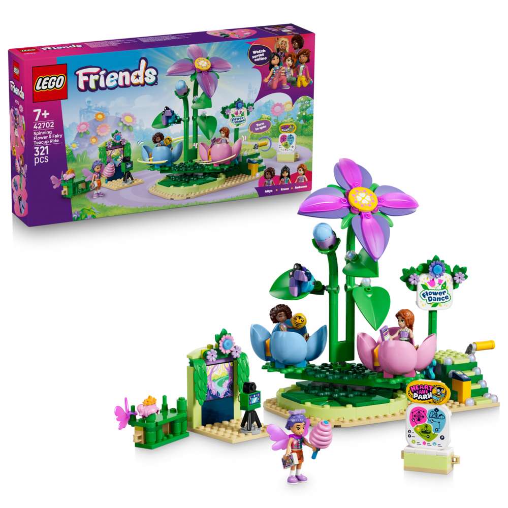 LEGO Friends Spinning Flower & Fairy Teacup Ride 42702 - shown with its product box. 321 pieces. Ages 7+.
