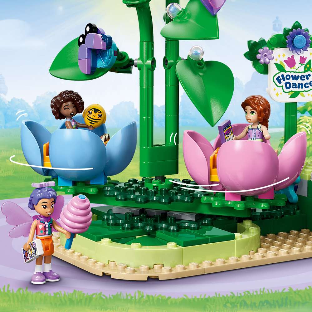 LEGO Friends Spinning Flower & Fairy Teacup Ride 42702 - close-up detail of the finished build. 321 pieces. Ages 7+.