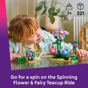 LEGO Friends Spinning Flower & Fairy Teacup Ride 42702 - captioned product view. 321 pieces. Ages 7+.