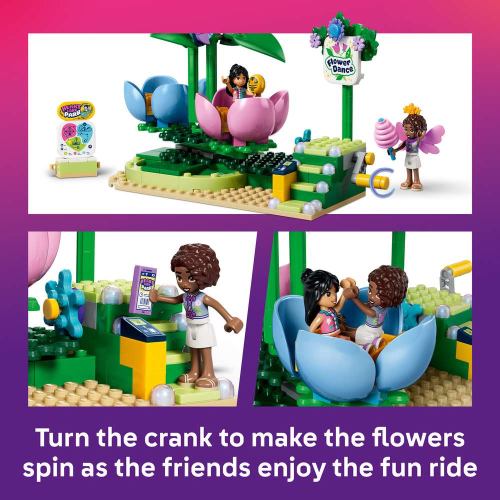 LEGO Friends Spinning Flower & Fairy Teacup Ride 42702 - captioned product view. 321 pieces. Ages 7+.