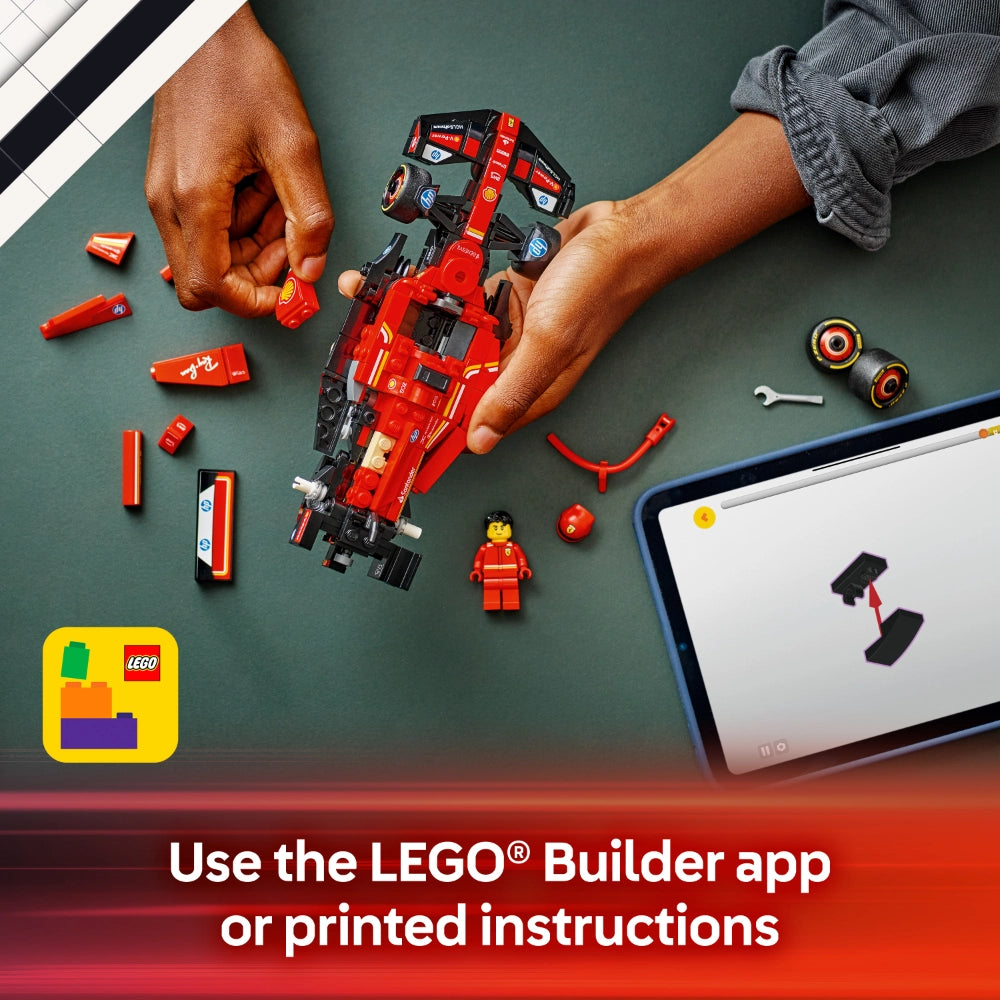 Hands assembling a red LEGO Ferrari SF-24 F1 race car set with scattered red and black brick pieces, minifigure, and tools on a green surface, with LEGO Builder app displayed on tablet and LEGO logo visible