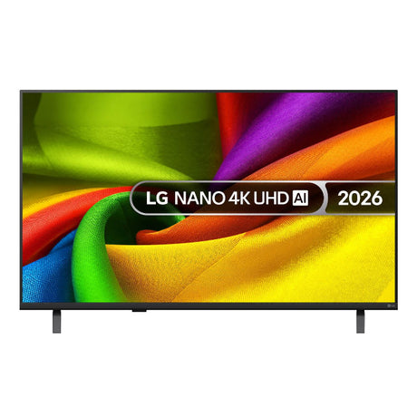 LG NANO 4K UHD AI 2026 43 inch smart television with black bezel and stand displaying vibrant colorful abstract pattern on screen