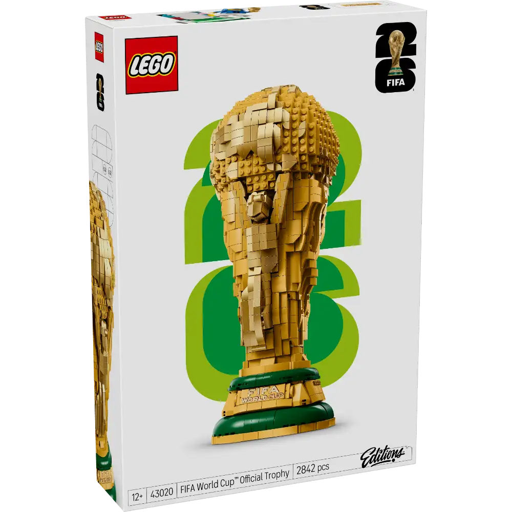 LEGO FIFA World Cup Official Trophy set 43020 featuring a gold brick-built trophy with green base displayed on white packaging box with FIFA World Cup 2022 branding and 2842 pieces notation
