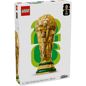 LEGO FIFA World Cup Official Trophy set 43020 featuring a gold brick-built trophy with green base displayed on white packaging box with FIFA World Cup 2022 branding and 2842 pieces notation