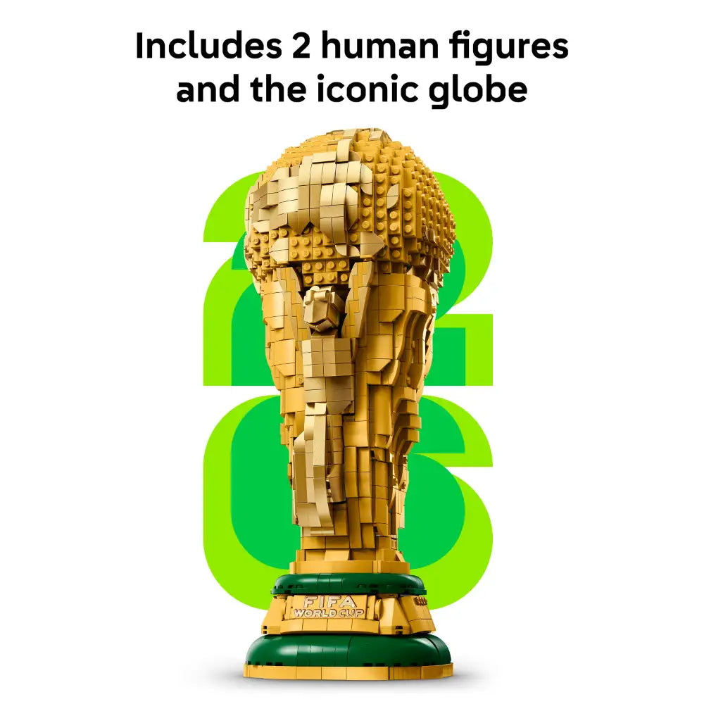 LEGO FIFA World Cup Trophy 43020 brick-built replica in gold and tan with green base featuring two minifigures and iconic golden globe symbol
