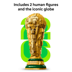 LEGO FIFA World Cup Trophy 43020 brick-built replica in gold and tan with green base featuring two minifigures and iconic golden globe symbol