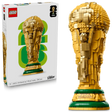 LEGO FIFA World Cup Official Trophy set 43020 showing gold and green brick construction with product box featuring the completed model against a green circular background, 2842 pieces, age 12+
