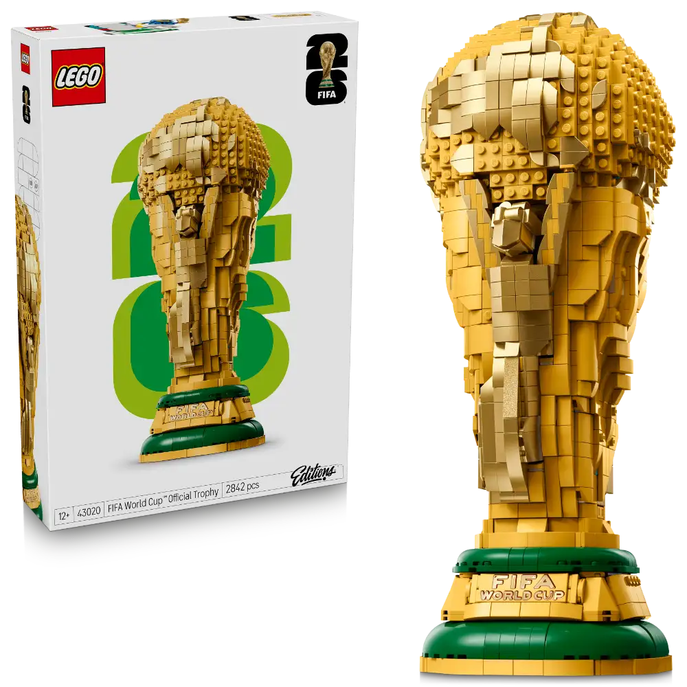 LEGO FIFA World Cup Official Trophy set 43020 showing gold and green brick construction with product box featuring the completed model against a green circular background, 2842 pieces, age 12+
