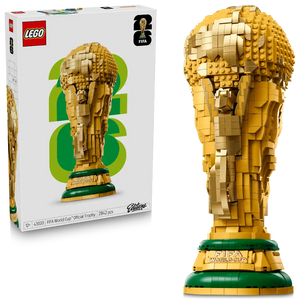 LEGO FIFA World Cup Official Trophy set 43020 showing gold and green brick construction with product box featuring the completed model against a green circular background, 2842 pieces, age 12+