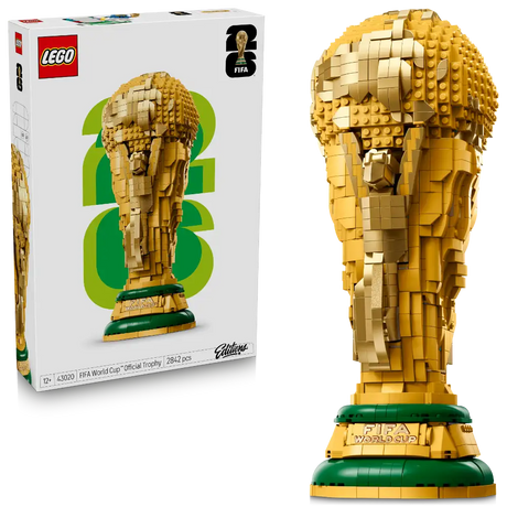 LEGO FIFA World Cup Official Trophy set 43020 showing gold and green brick construction with product box featuring the completed model against a green circular background, 2842 pieces, age 12+