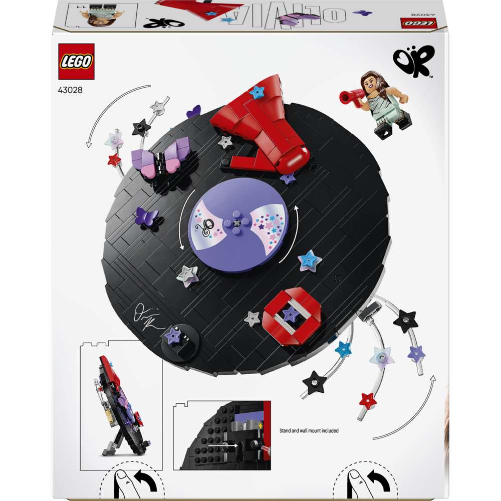 LEGO Editions Music Olivia Rodrigo's Vinyl 43028 - the back of the box showing play features and box contents. 360 pieces. Ages 10+.