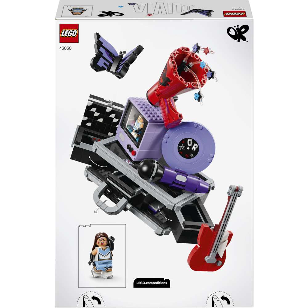 LEGO Editions Music Olivia Rodrigo's Secret Storage 43030 - the back of the box showing play features and box contents. 1085 pieces. Ages 10+.